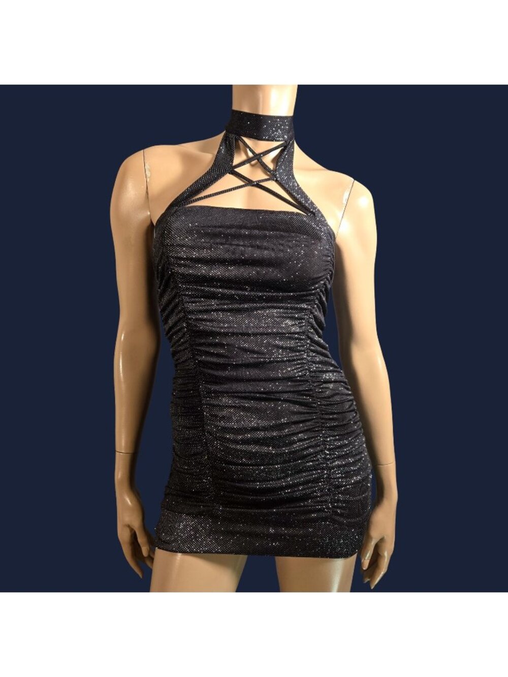 Y2K Black Glitter Micro Mini Dress Size S Strappy Halter Neck Bodycon Ruched